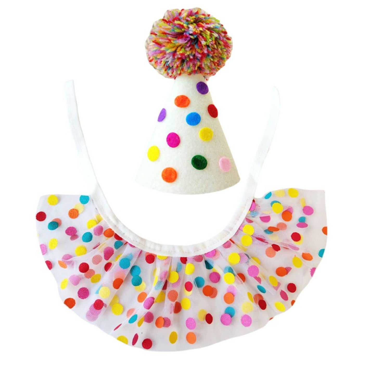 Pet Birthday Hat and Polka Dot Tulle Collar Set Colorful Party Costume Accessory