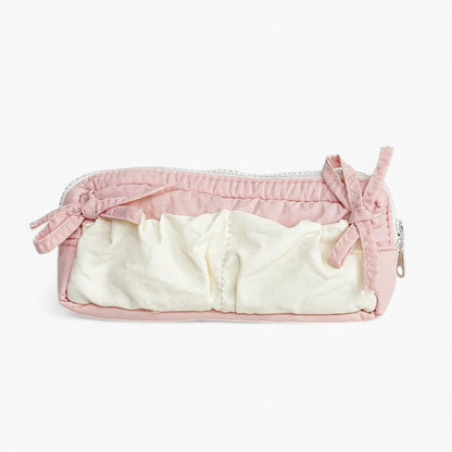 Ruffled Ribbon Zipper Pouch with Dual Compartments and Soft Quilted Texture