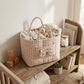 Gingham Quilted Storage Basket with Handles and Bow