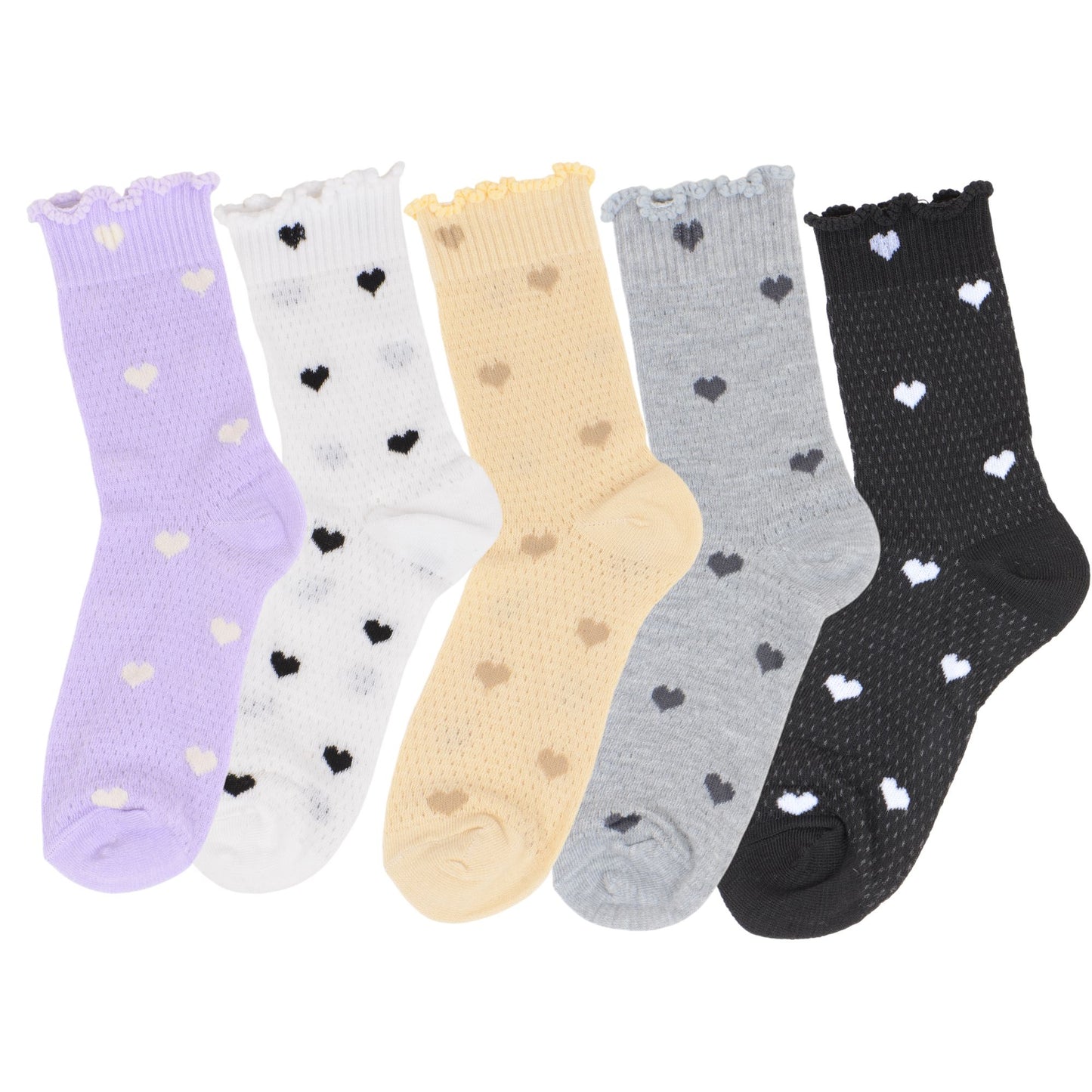 5-Pair Set Frilly Crew Socks with Valentine Heart Pattern and Ruffle Trim Breathable Knit Design for Flats or Loafers