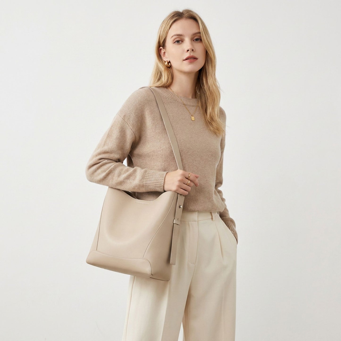 Bucket Shoulder Bag with Adjustable Strap and Interior Zipper Pouch