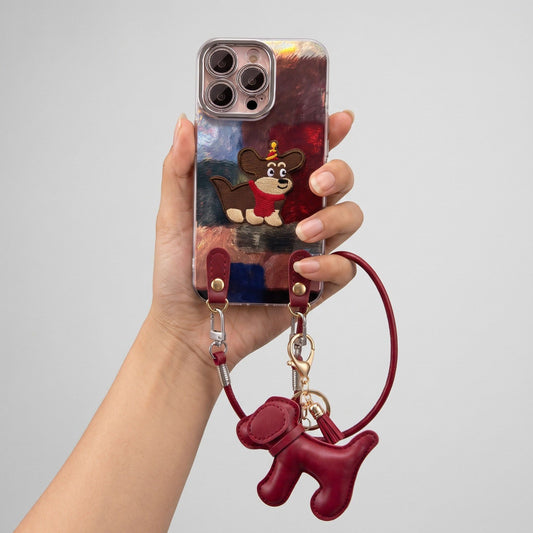 Dog Patch Phone Case Wrist Strap Set Puppy Charm Tassel Decorative Cover