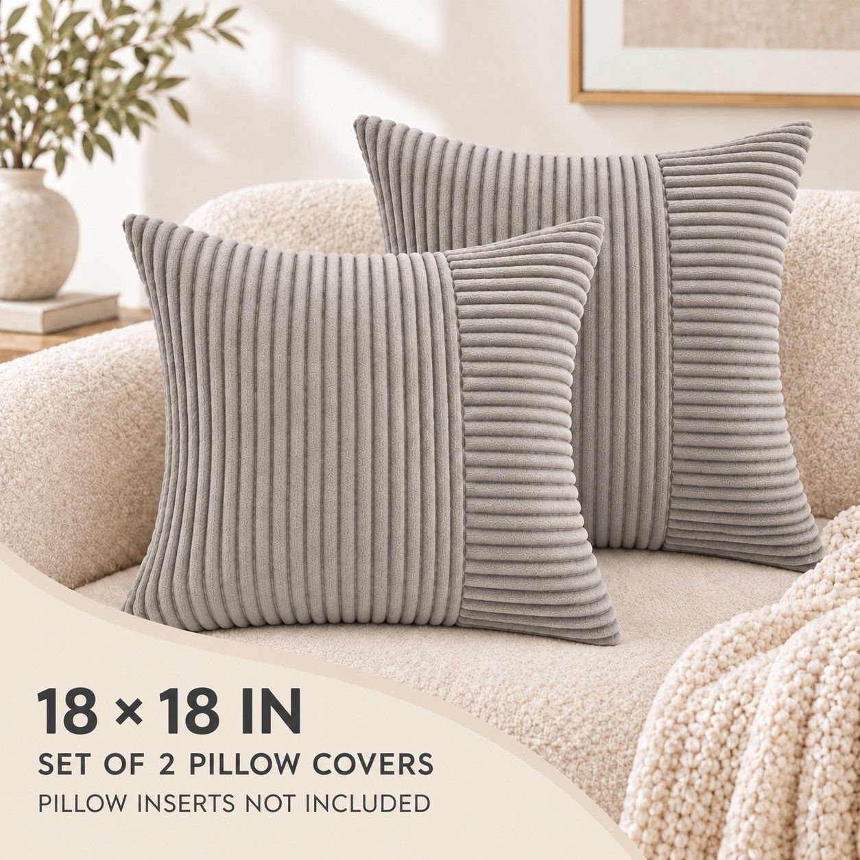 2 Pack Soft Corduroy Throw Pillow Covers 18 x 18 Inch and 12 x 20 Inch