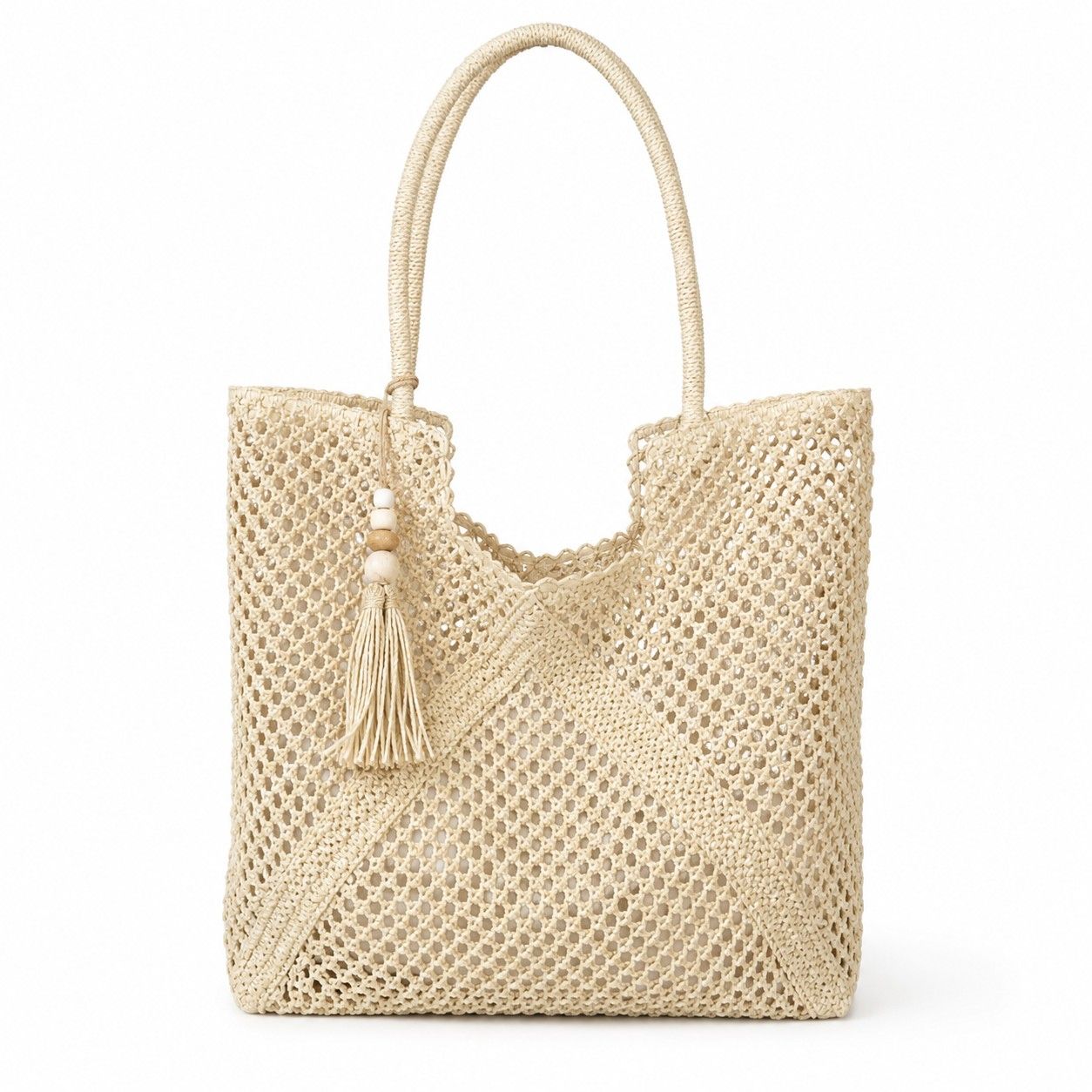 Open Weave Beach Tote Bag with Zip Closure Rope Handles and Tassel Accent