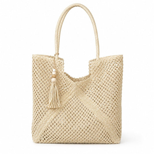 Open Weave Beach Tote Bag with Zip Closure Rope Handles and Tassel Accent