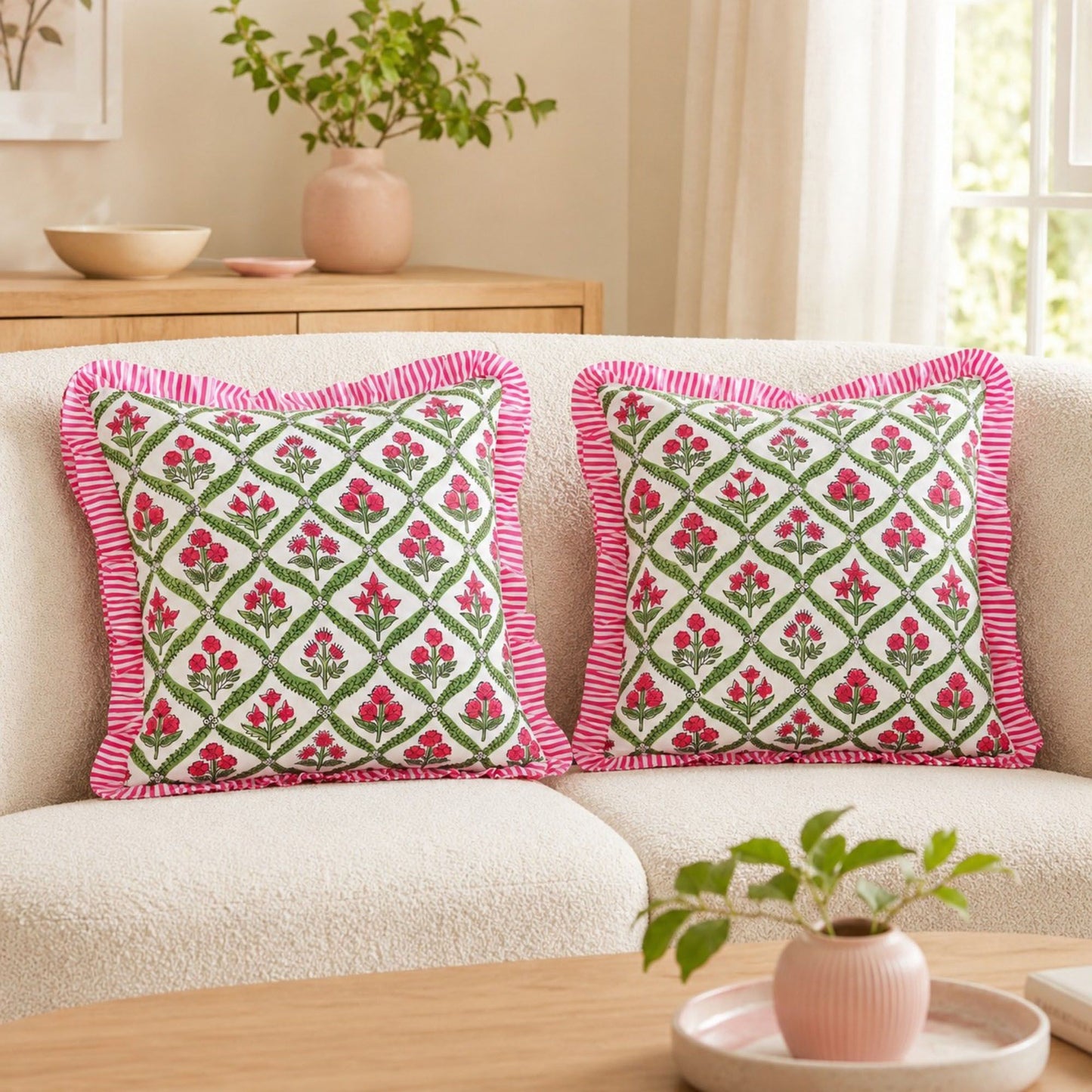 2 Pack Floral Lattice Ruffle Decorative Throw Pillow Covers