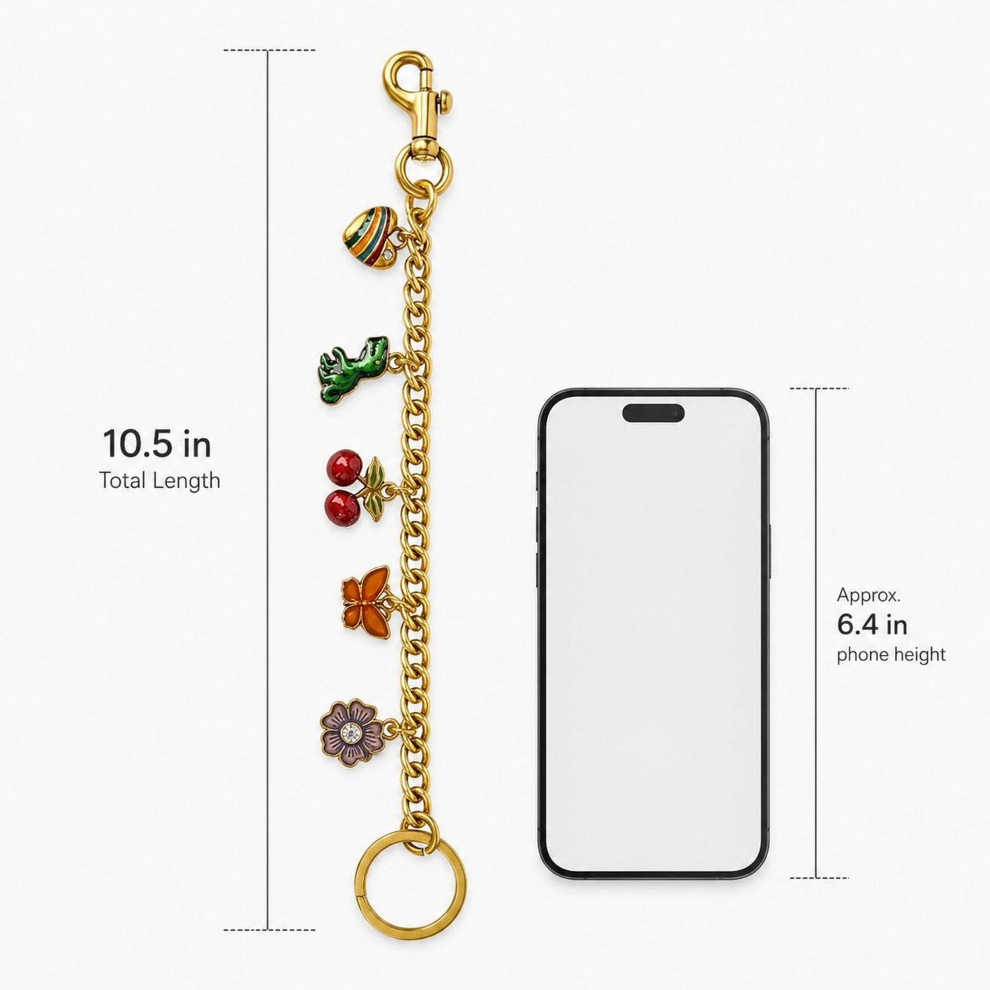 Gold Tone Charm Chain Bag Accessory with Cherry Dinosaur Heart Flower and Horseshoe Accents