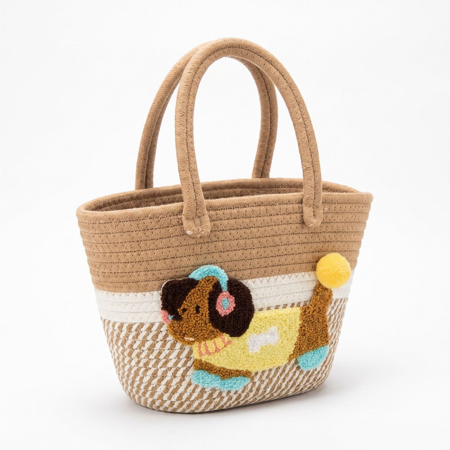 Dog Applique Woven Rope Tote Bag Textured Handbag Casual Summer Carryall