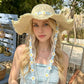Braided Straw Sun Hat with Floral Applique Trim and Fringe Brim Design