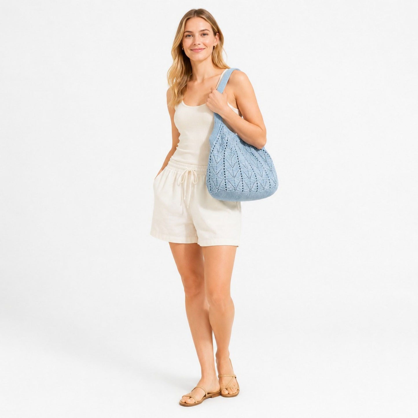 Crochet Tote Bag Lightweight Shoulder Bag with Openwork Knit Texture