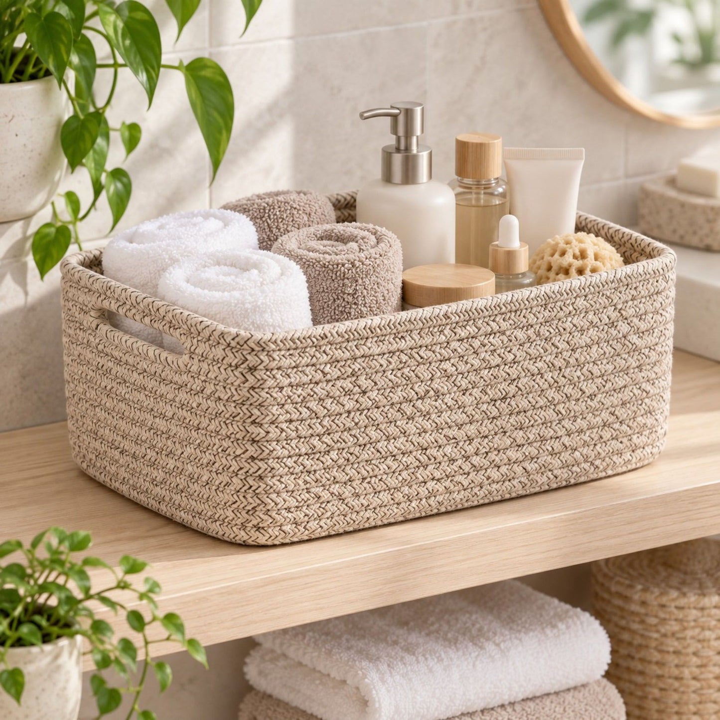 3 Piece Rectangular Woven Cotton Cord Desktop Storage Basket Set