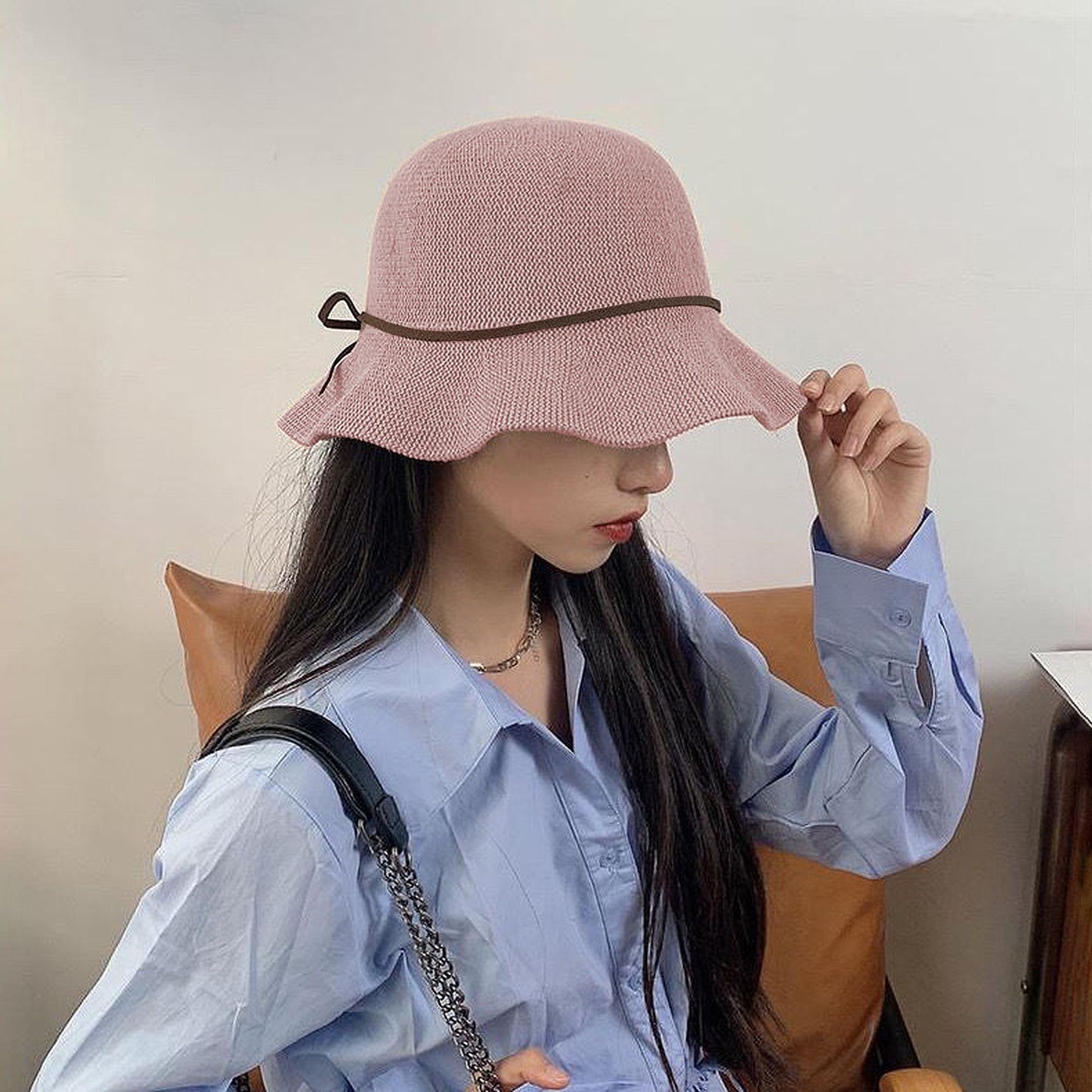 Foldable Crocheted Bucket Hat with Bow Accent
