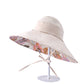 Wide Brim Sun Hat with Ponytail Hole Neck Tie Closure and Patterned Lining for UV Protection and Outdoor Style