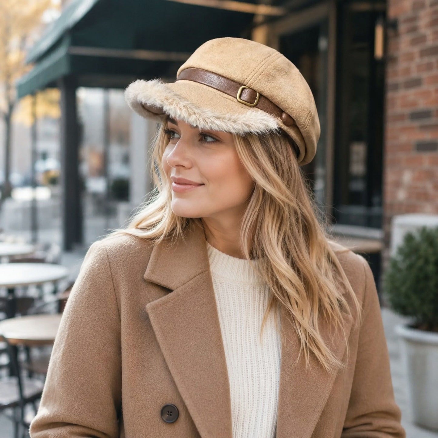 Faux Suede Newsboy Cap with Faux Fur Trim