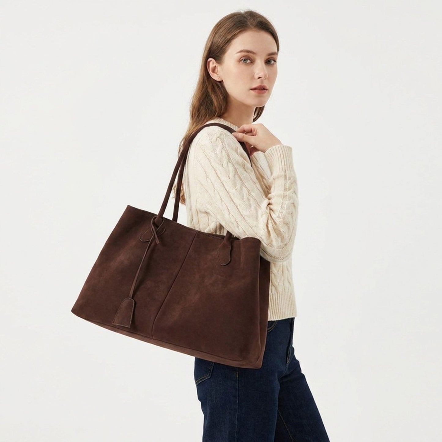 Faux Suede Shoulder Tote Bag Large Capacity Handbag with Magnetic Closure