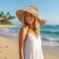Wide Brim Straw Sun Hat with Scalloped Edge Lace Bow and Floral Accent
