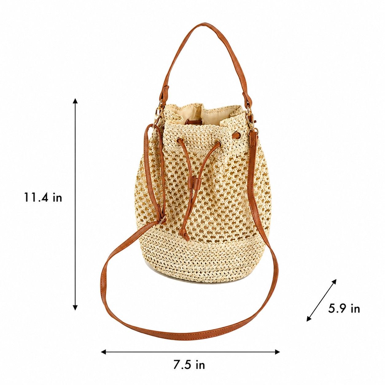 Woven Paper Fiber Bucket Bag Adjustable Strap Crochet Shoulder Handbag with Drawstring Closure
