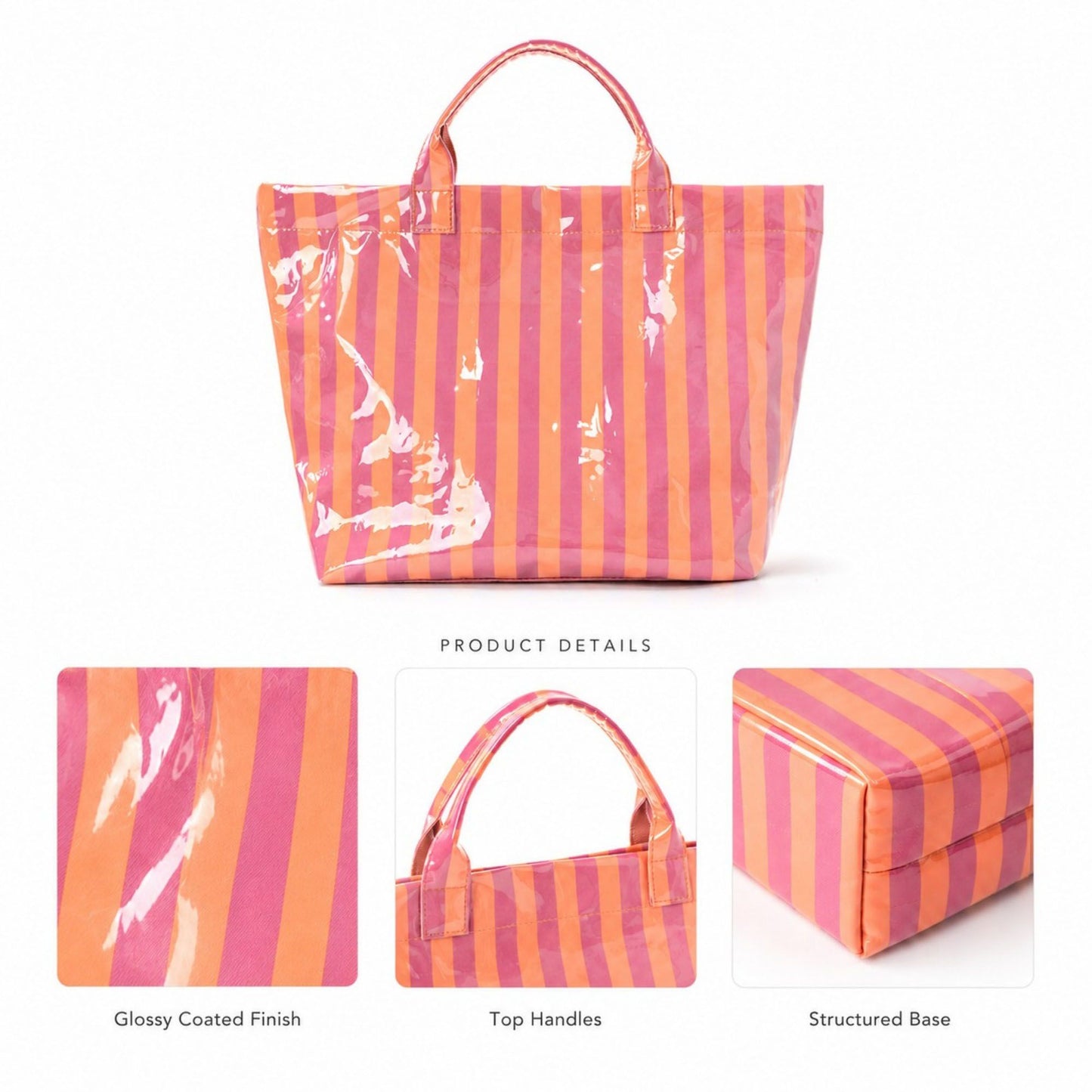 Striped Tote Bag Glossy Coated Large Capacity Shoulder Bag for Travel and Beach