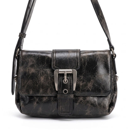 Distressed-Look Flap Shoulder Bag with Metal Clasp