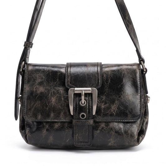 Distressed-Look Flap Shoulder Bag with Metal Clasp