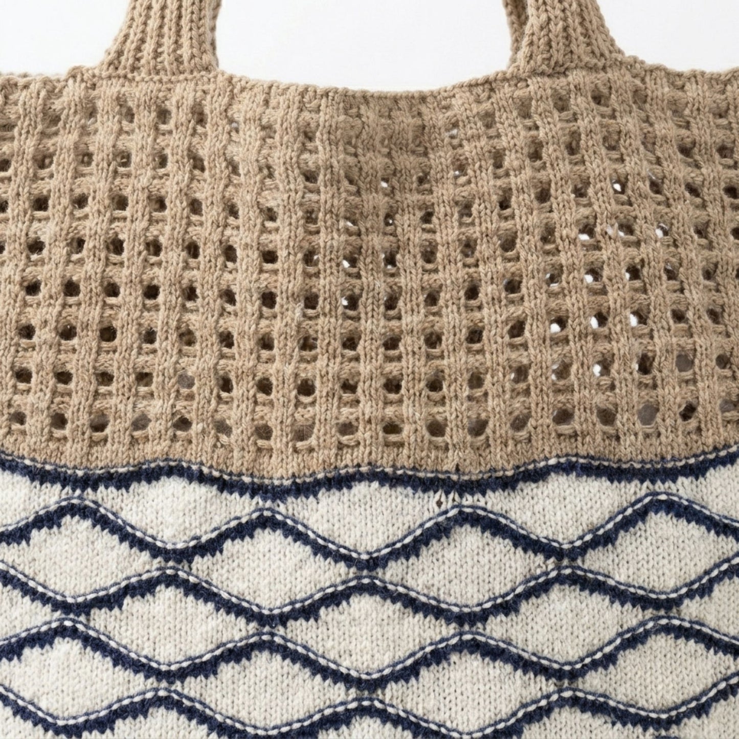 Crochet Knit Tote Bag with Openwork Design and Wave Pattern