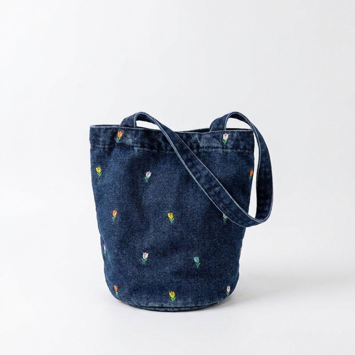 Embroidered Floral Bucket Tote Bag with Shoulder Handles