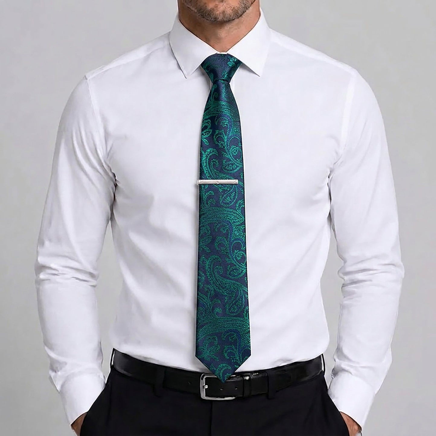 Men's Floral Print Tie Gift Set with Matching Pocket Square Cufflinks and Silver Tie Clip
