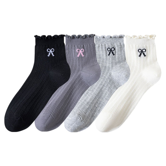 4-Pair Pack Sheer Ribbed Ankle Socks with Ruffled Trim and Embroidered Bow Detail in Multiple Color Combinations