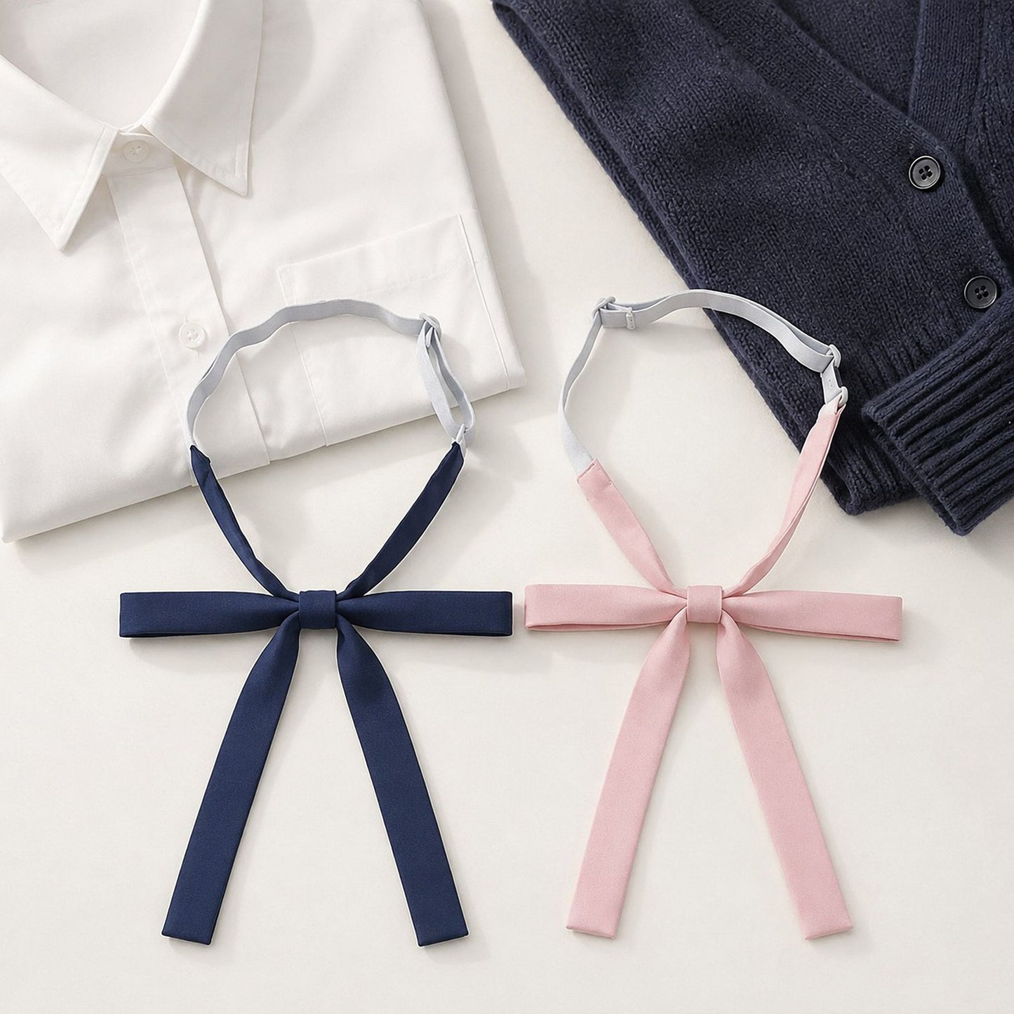 2 Pack Adjustable Pre Tied Long Ribbon Bow Ties for School Uniform Shirts