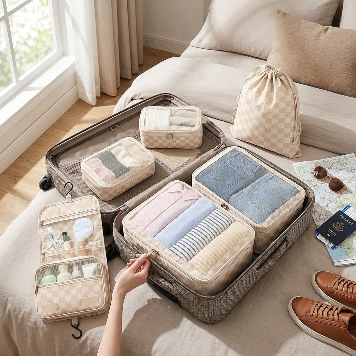 6 Piece Travel Packing Cube Set with Hanging Toiletry Bag