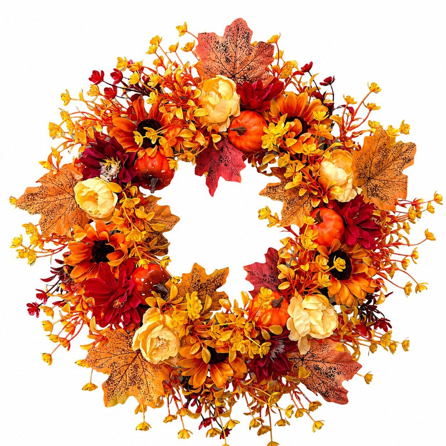 Fall Pumpkin Floral Wreath with Maple Leaves for Front Door Decor