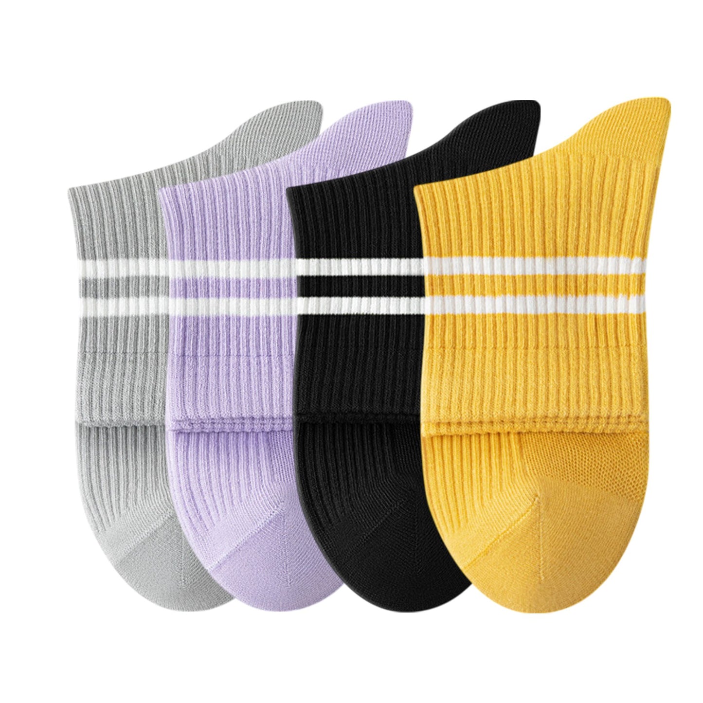 Womens Athletic Crew Socks 4-Pack Ribbed Knit Design Contrast Double Stripe Stretch Comfort Everyday Fit