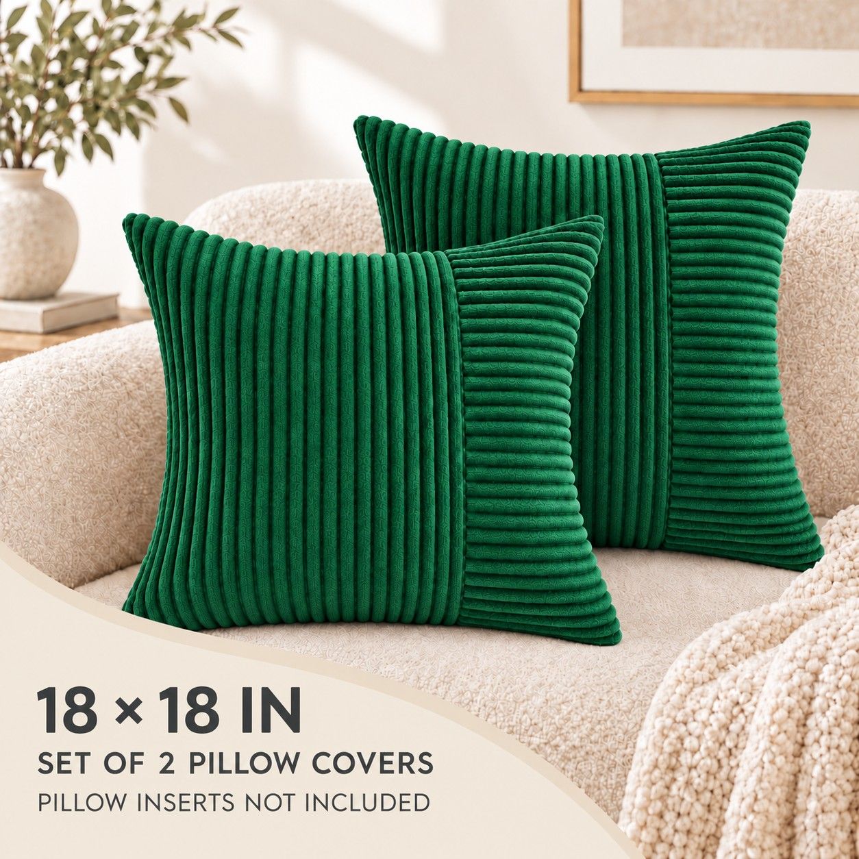 2 Pack Soft Corduroy Throw Pillow Covers 18 x 18 Inch and 12 x 20 Inch