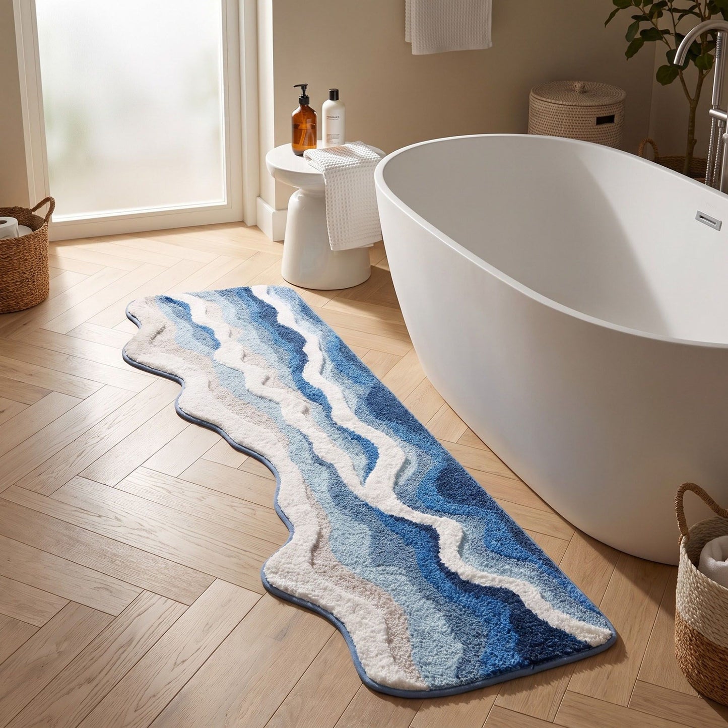 Abstract Ocean Wave Plush Bathroom Mat with Irregular Scalloped Edge