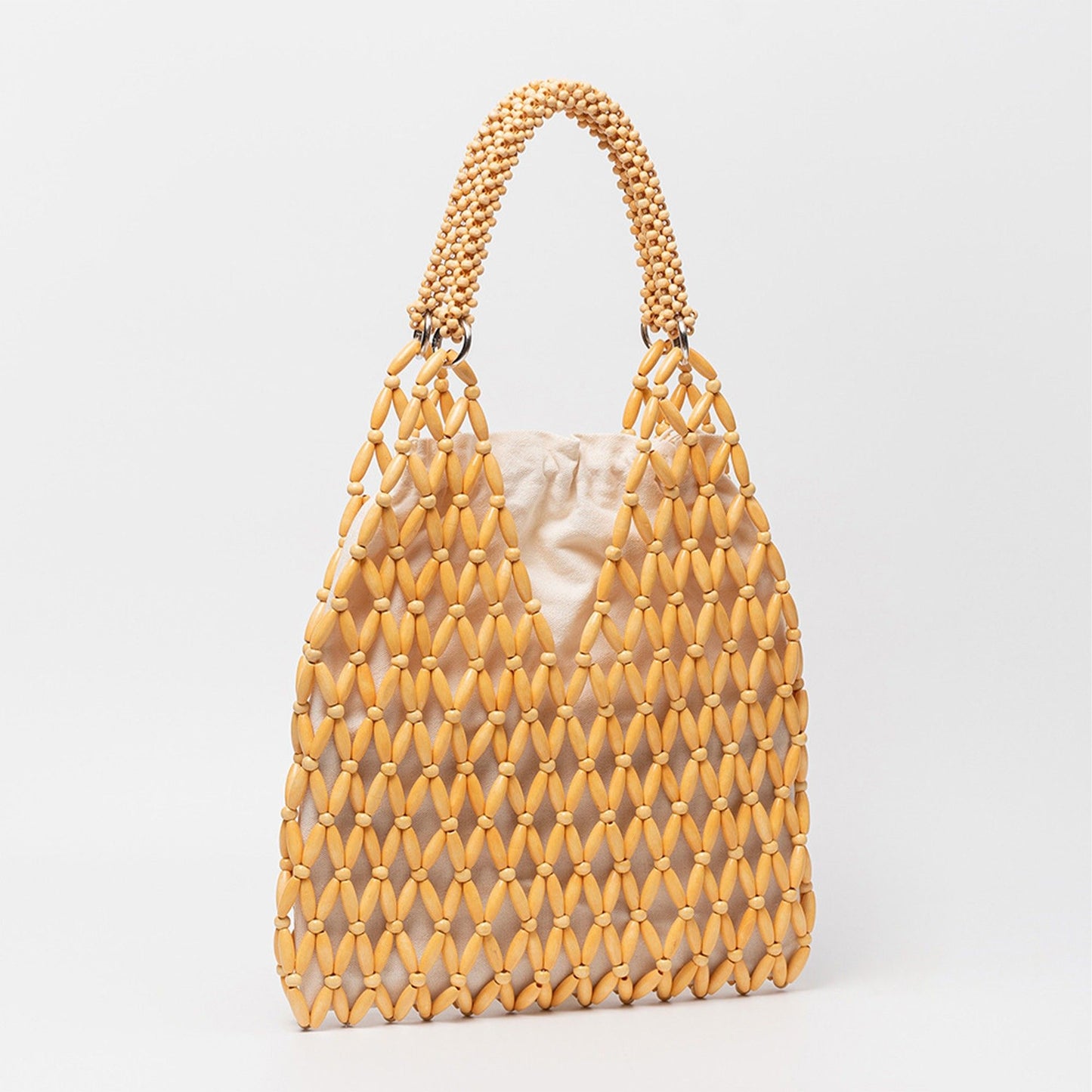 Beaded Tote Bag with Inner Pouch Soft Structured Wooden Bead Handbag Open Weave Shoulder Bag Lightweight Carryall