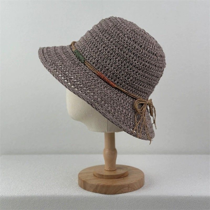 Crochet Bucket Hat Lightweight Breathable Straw Sun Hat with Woven Band