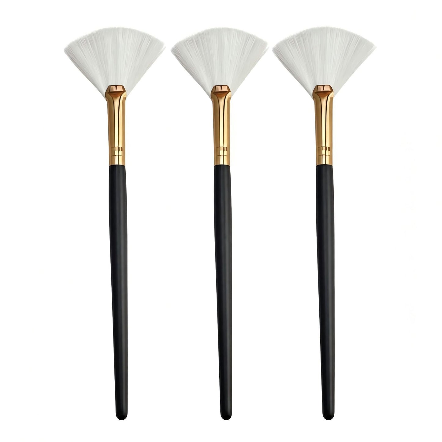 3-Piece Fan Makeup Brush Set with Soft Bristles Gold Tone Ferrules and Black Handles