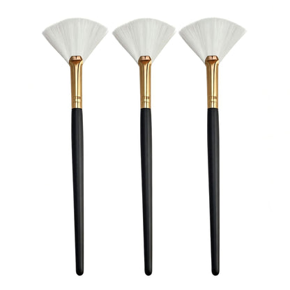 3-Piece Fan Makeup Brush Set with Soft Bristles Gold Tone Ferrules and Black Handles