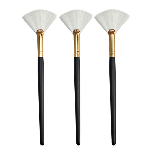 3-Piece Fan Makeup Brush Set with Soft Bristles Gold Tone Ferrules and Black Handles