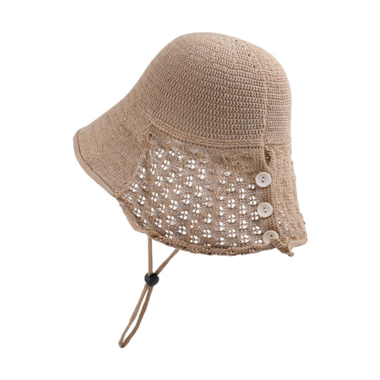 Crochet Bucket Hat with Adjustable Chin Strap and Back Button Eyelet Panel for Sun Protection
