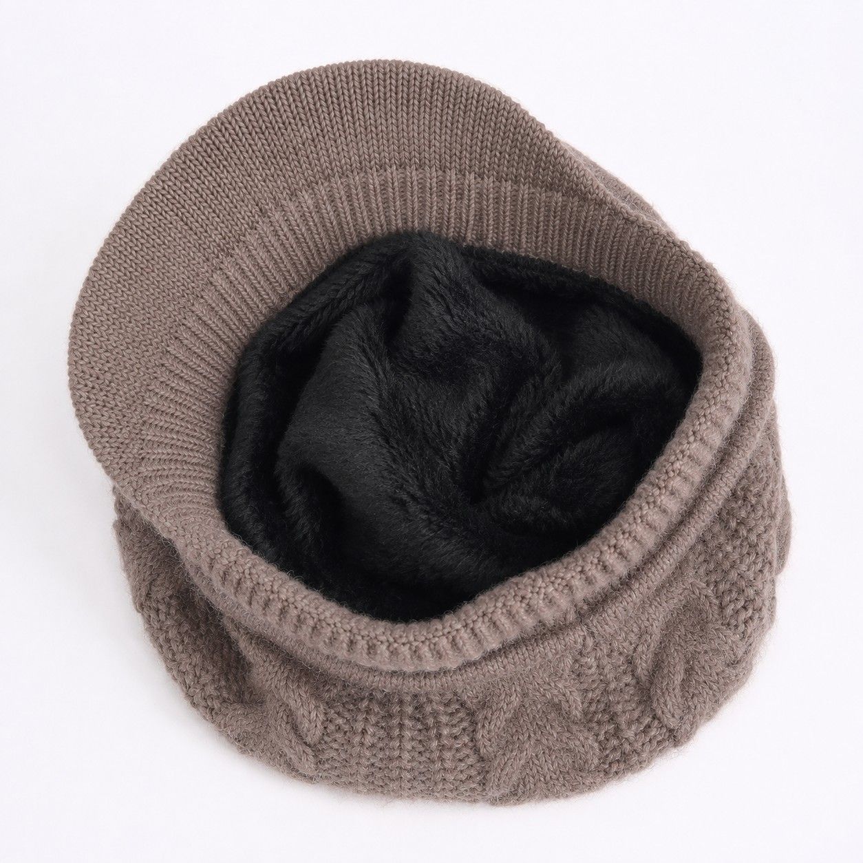 Cable Knit Brim Beanie Faux Fur Lined Warm Winter Hat