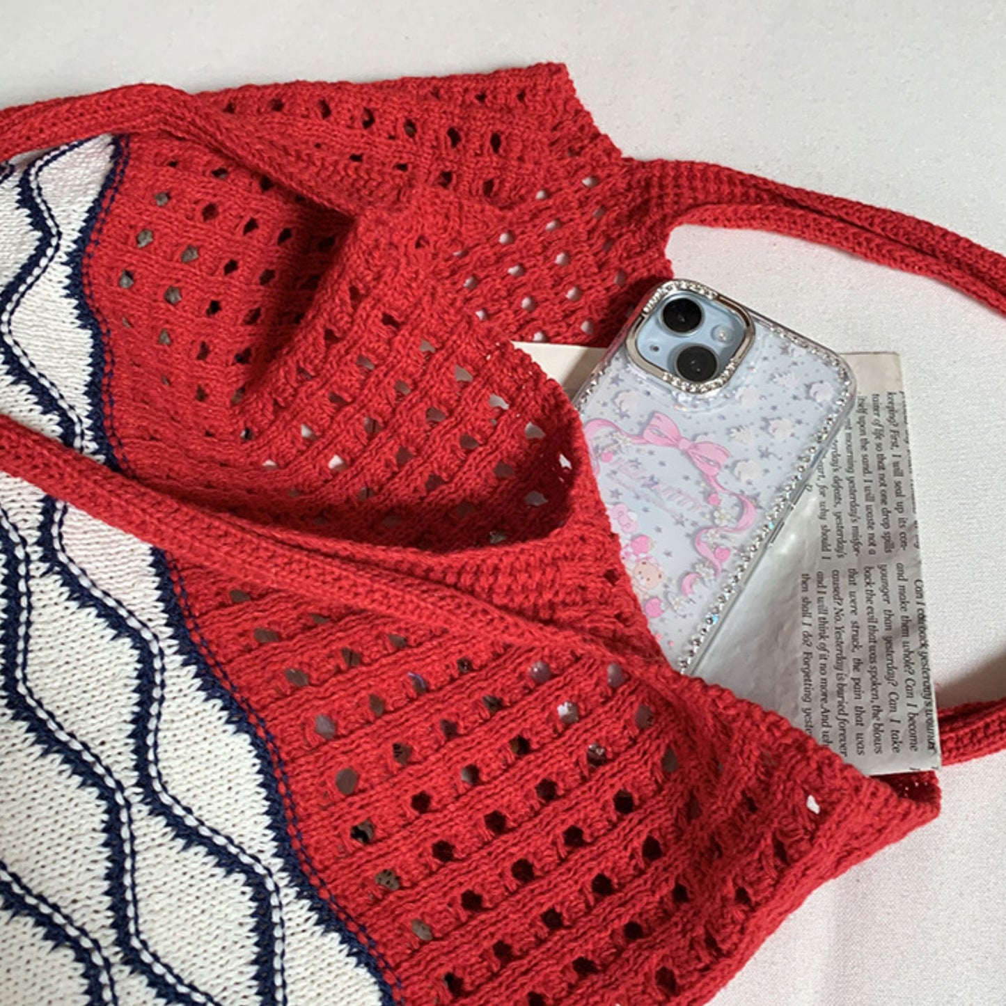 Crochet Knit Tote Bag with Openwork Design and Wave Pattern