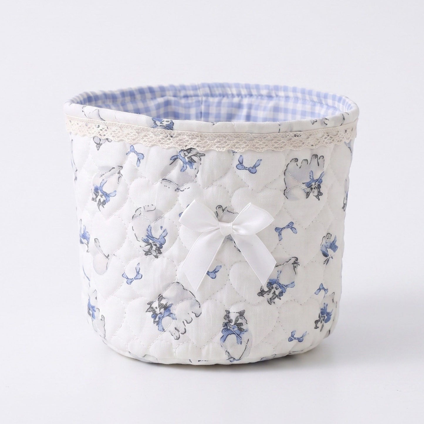 Quilted Fabric Storage Basket with Lace Trim and Bow