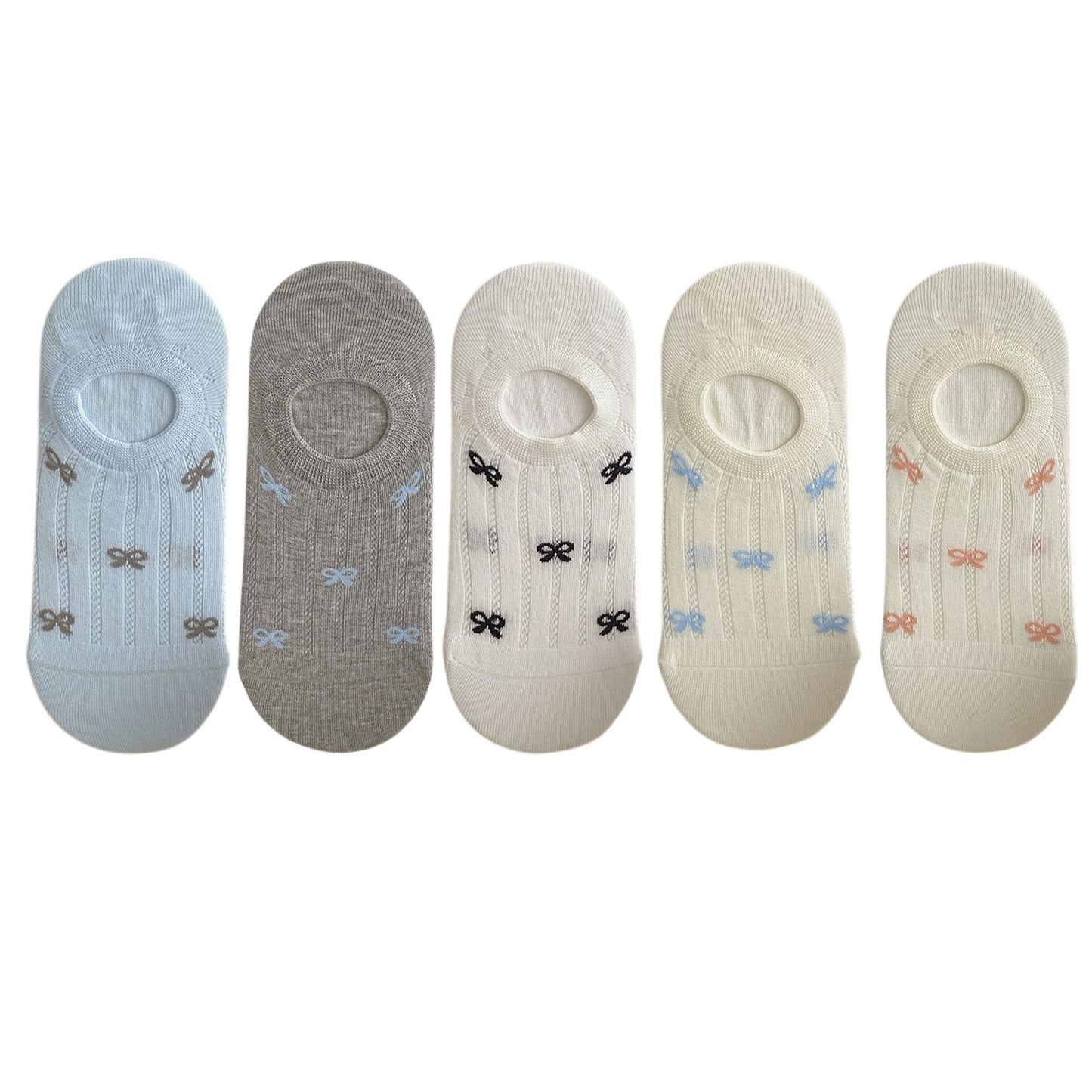 5 Pairs Bow Pattern Low Cut No Show Socks Breathable Mesh Knit Anti-Slip Design Multiple Color Options