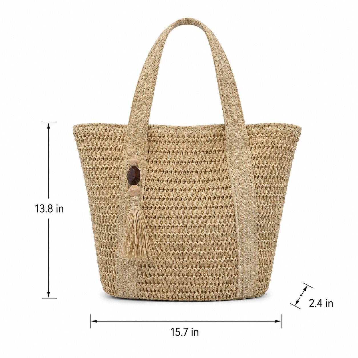Woven Straw Tote Bag Large Capacity Zip Top Shoulder Carryall with Tassel Accent