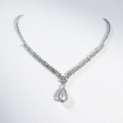 Women's Rhinestone Necklace with Teardrop Crystal Pendant and V-Shaped Chain Design