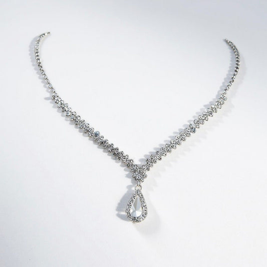 Women's Rhinestone Necklace with Teardrop Crystal Pendant and V-Shaped Chain Design