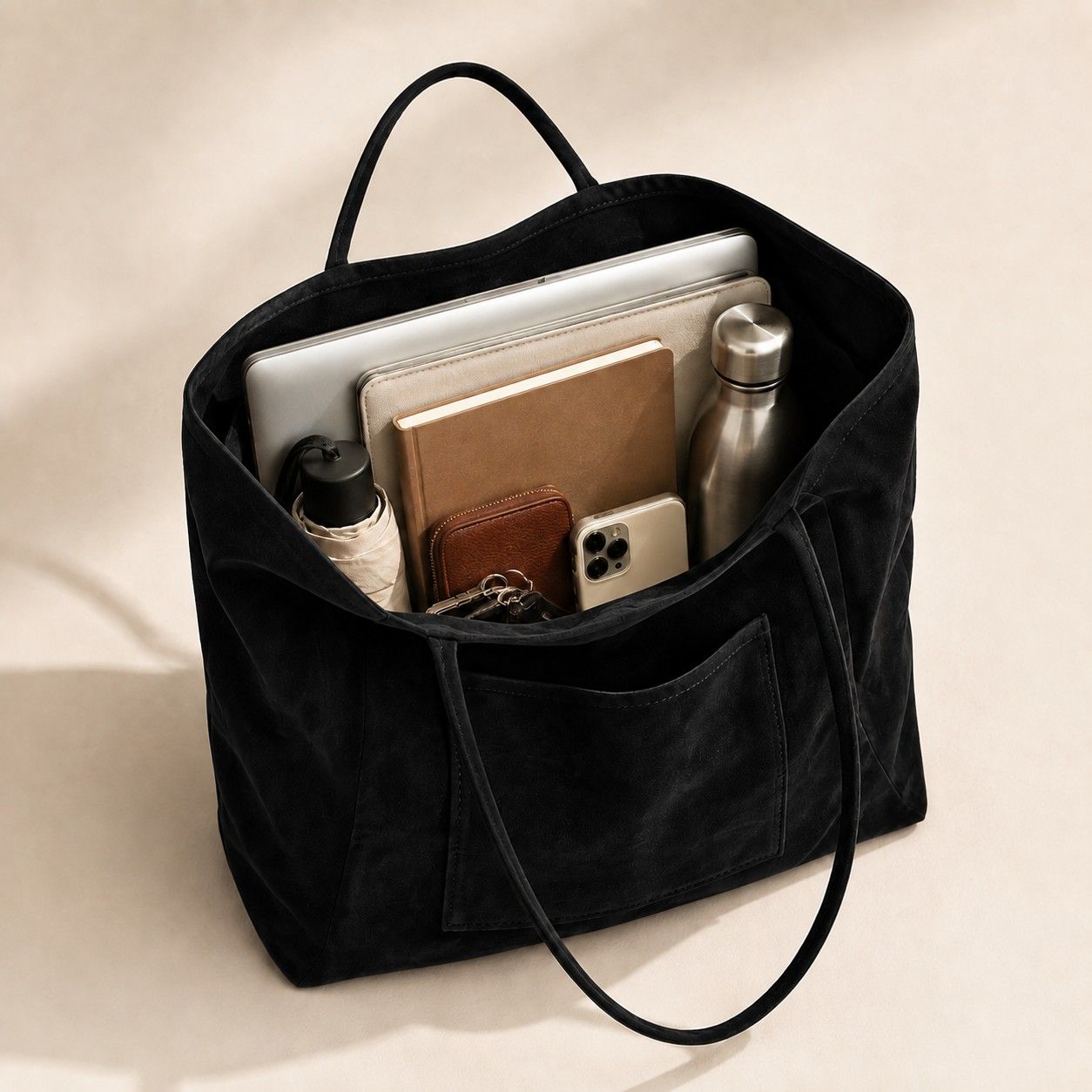 Large Faux Suede Tote Bag with Front Pocket and Double Shoulder Handles
