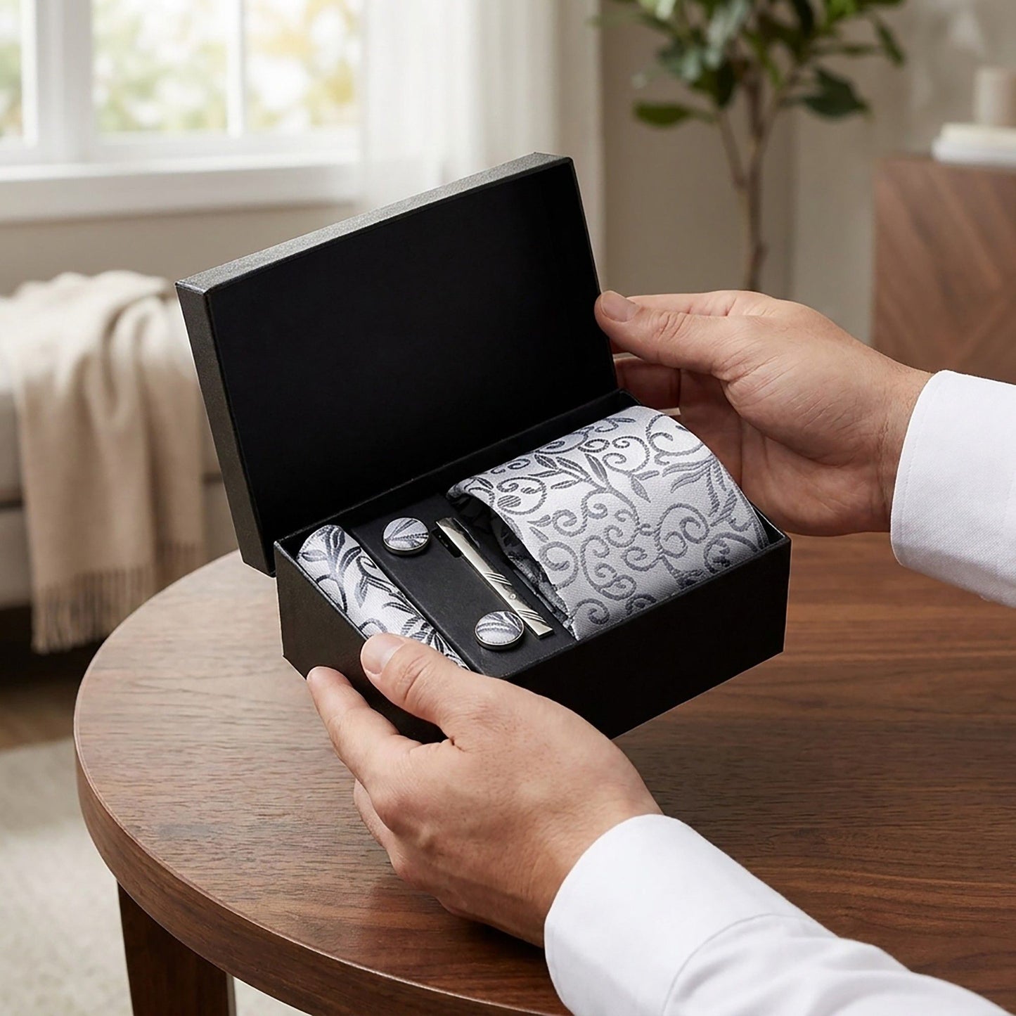 Men's Baroque Floral Tie Gift Set with Matching Pocket Square Cufflinks and Silver Tie Clip