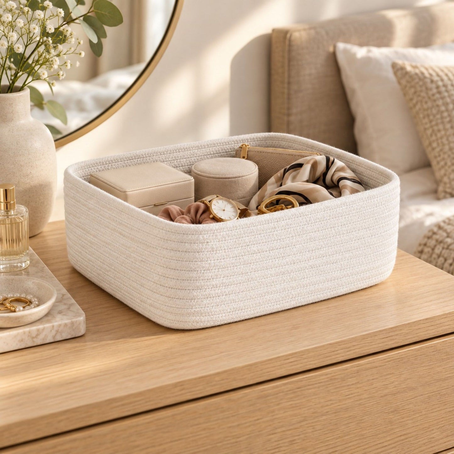 3 Piece Rectangular Woven Cotton Cord Desktop Storage Basket Set